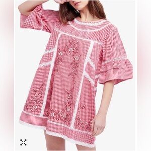 Free People Gingham Embroidered Mini Dress | Crochet Trim | Boho (Red)